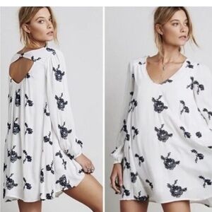 Free People Emma White Swing Dress with Blue Floral embroidered flowers